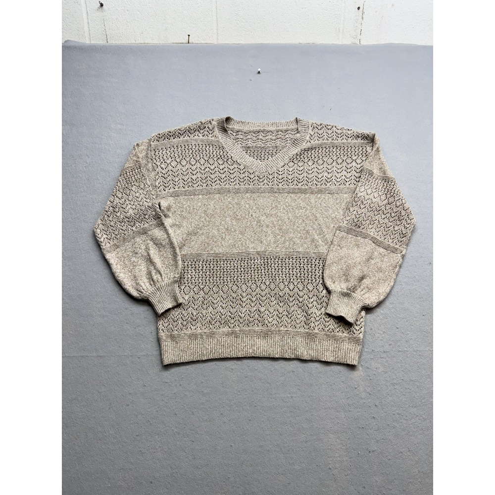 Women's Sweater Size L Oatmeal Open Knit Pointelle V Neck Cottagecore Boho